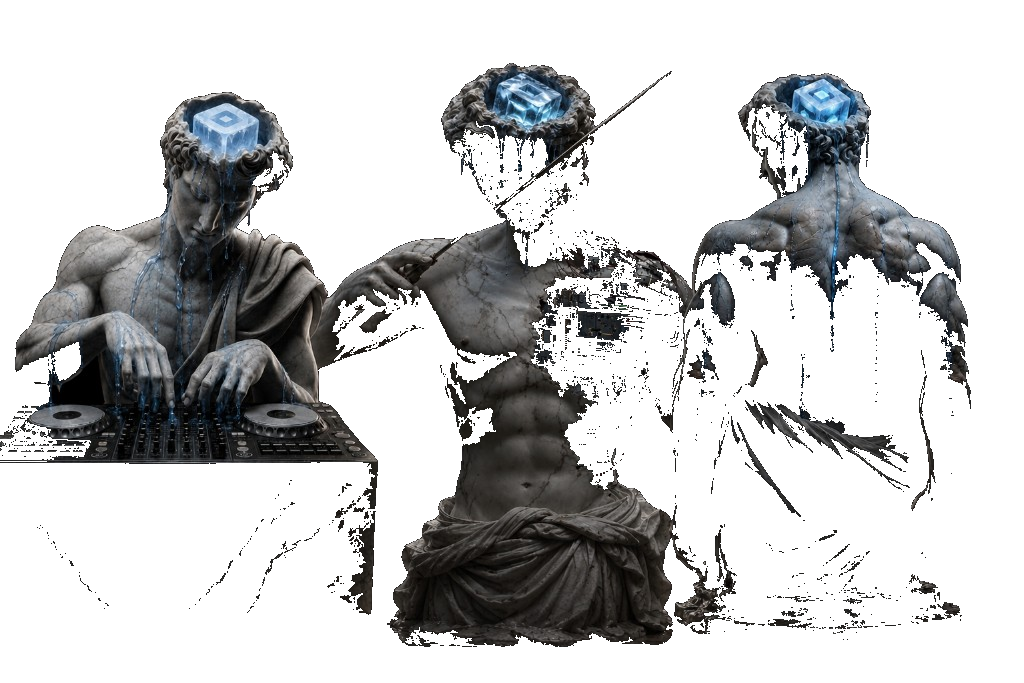 Brainfreezy — three marble statues with ice cube brains: DJ, mechanical core, and back view