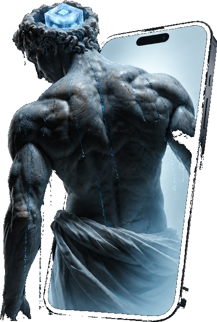 Brainfreezy — marble statue stepping out of a glowing phone