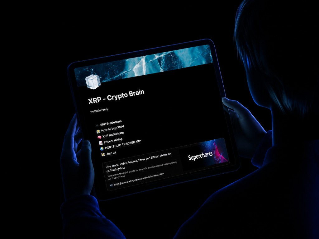 XRP Crypto Brain Notion template on tablet