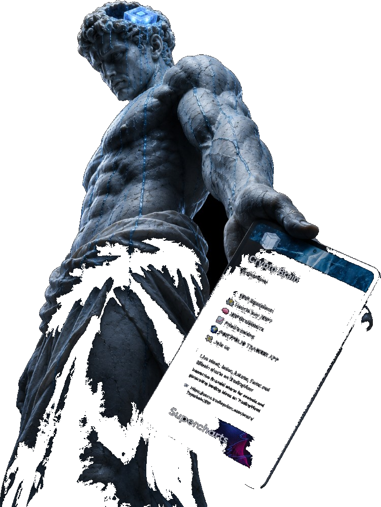 XRP Crypto Brain — marble statue holding phone with Crypto Brain Notion workspace